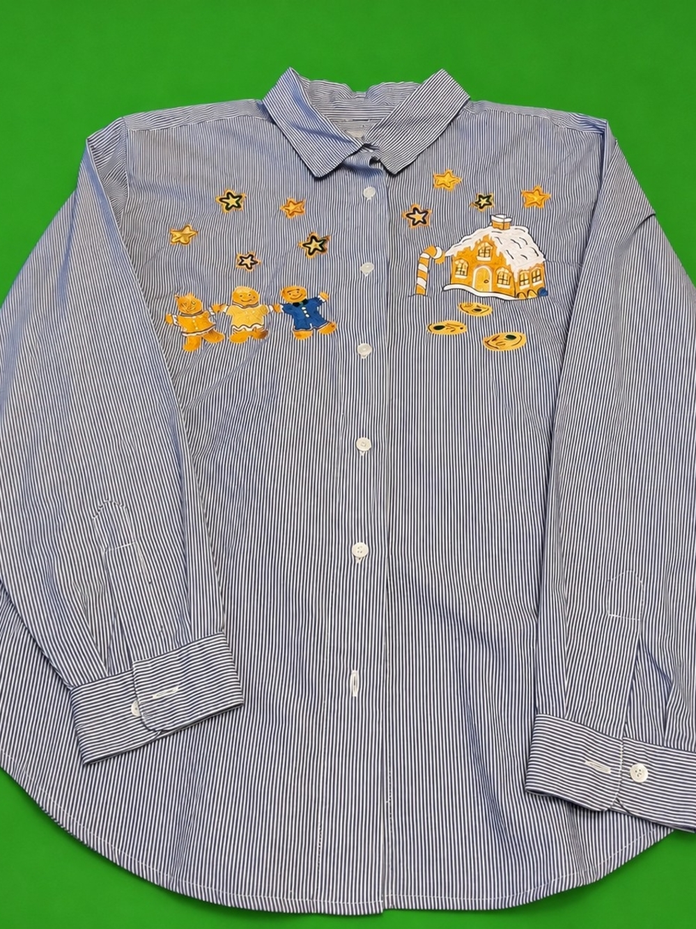 Karen Scott Blue and White Striped Button-Down Shirt with Gingerbread Embroidery